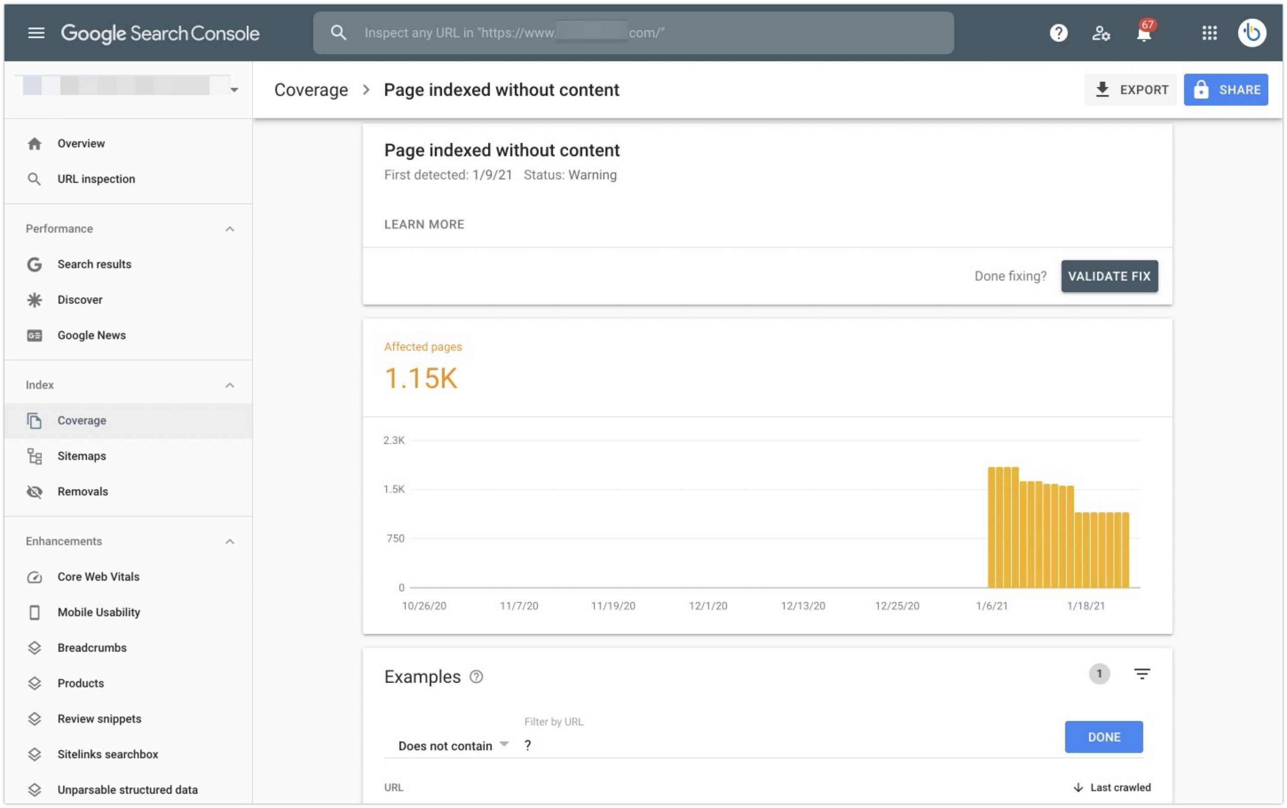 How to find page indexed without content on Google Search Console?