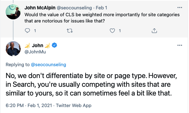 JohnMueller-Tweet-we don't differentiate by site or page type