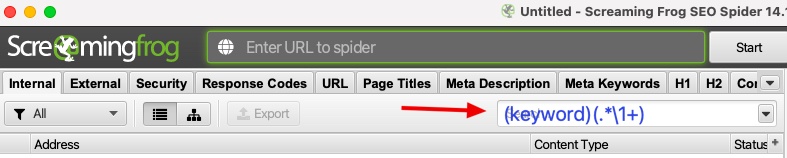 Where to insert regex code to filter pages with specific keyword in Screaming Frog SEO Spider