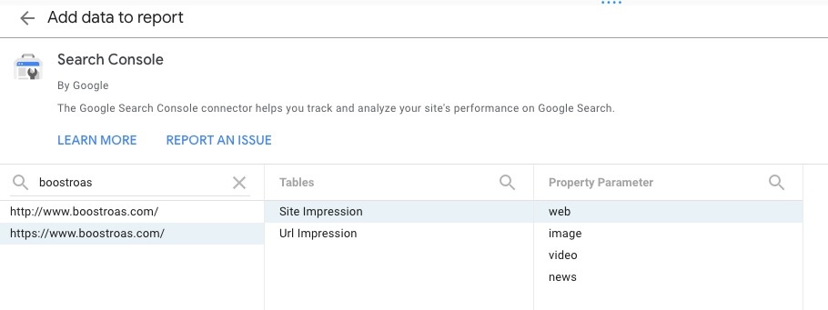 add a property from search console to google data studio