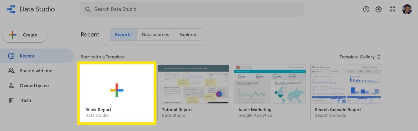 create a blank report google data studio