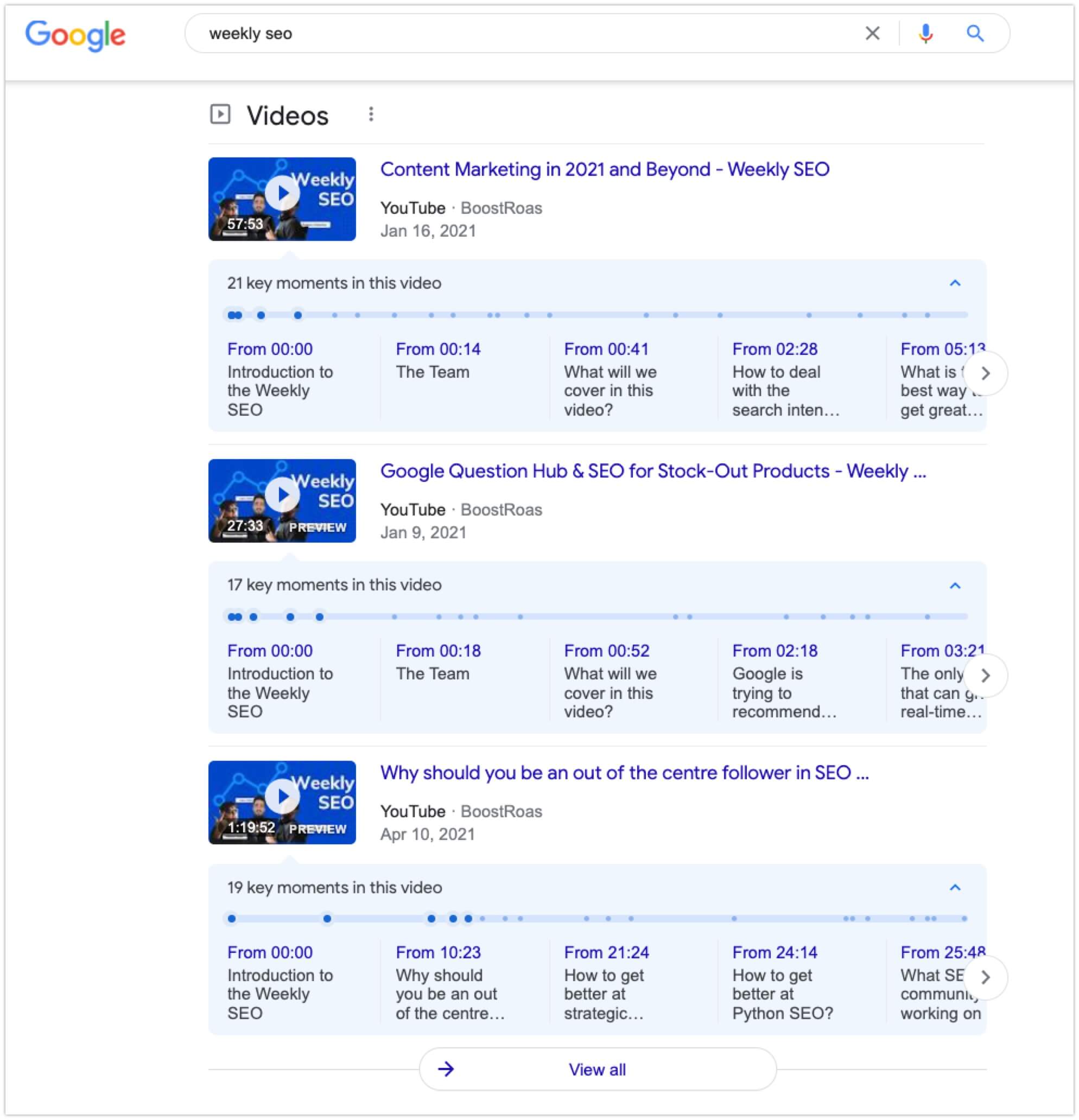 "Weekly SEO" on Google Organic Video Search Results